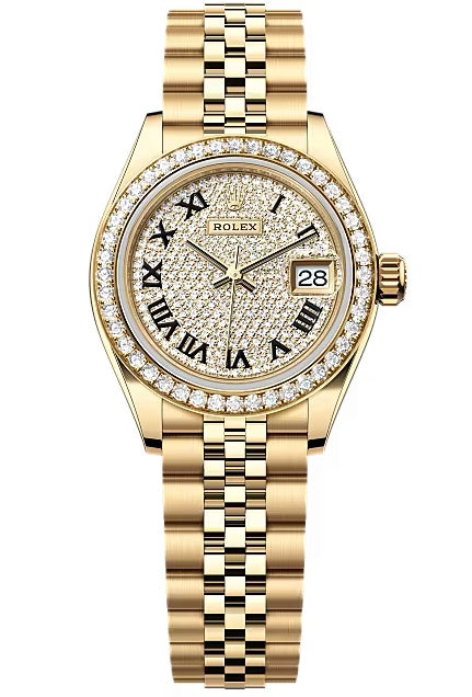 Rolex Lady-Datejust 28mm Yellow Gold Champagne Diamond-Paved Dial Diamond Bezel