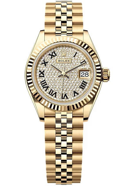 Rolex Lady-Datejust 28mm Yellow Gold Champagne Diamond-Paved Dial Fluted Bezel