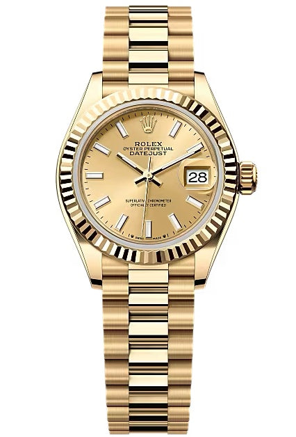 Rolex Lady-Datejust 28mm Yellow Gold Champagne Index Dial Fluted Bezel