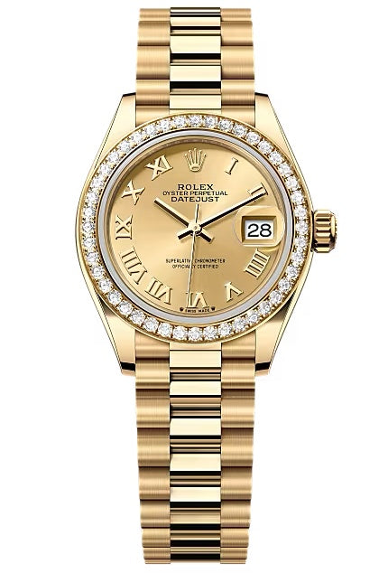 Rolex Lady-Datejust 28mm Yellow Gold Champagne Roman Dial Diamond Bezel