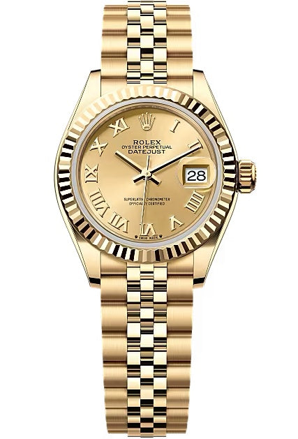 Rolex Lady-Datejust 28mm Yellow Gold Champagne Roman Dial Fluted Bezel Jubilee