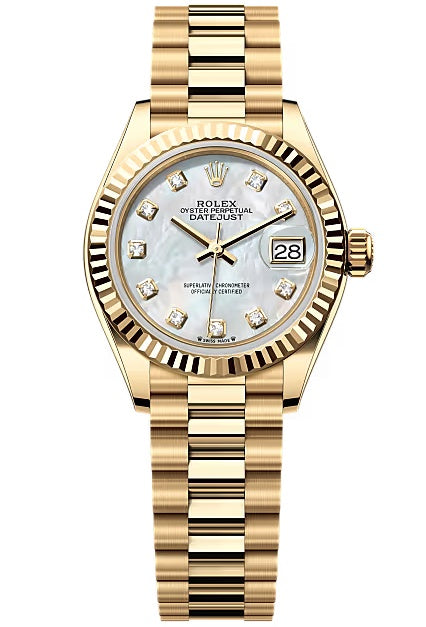 Rolex Lady-Datejust 28mm Yellow Gold Mother of Pearl Diamond Dial Fluted Bezel