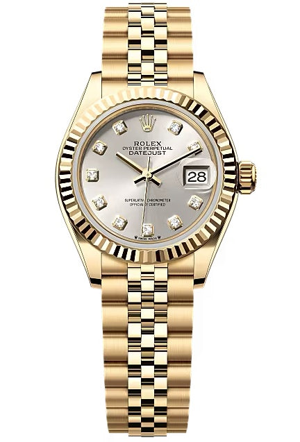 Rolex Lady-Datejust 28mm Yellow Gold Silver Diamond Dial Fluted Bezel Jubilee