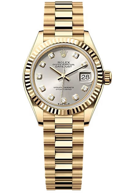 Rolex Lady-Datejust 28mm Yellow Gold Silver Diamond Dial Fluted Bezel President