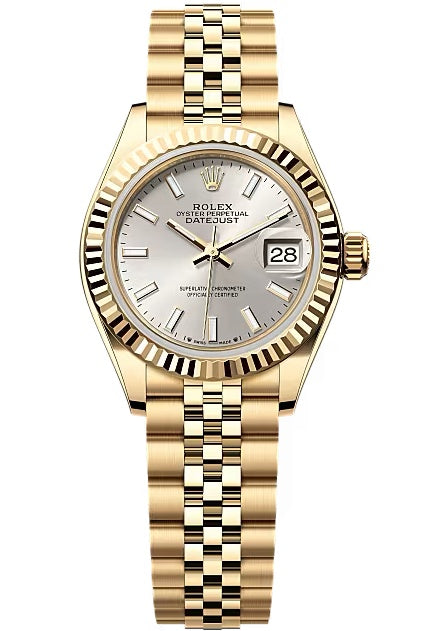 Rolex Lady-Datejust 28mm Yellow Gold Silver Index Dial Fluted Bezel Jubilee