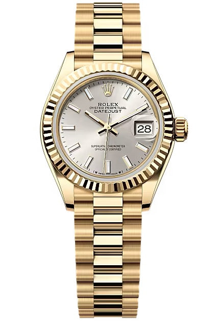 Rolex Lady-Datejust 28mm Yellow Gold Silver Index Dial Fluted Bezel President