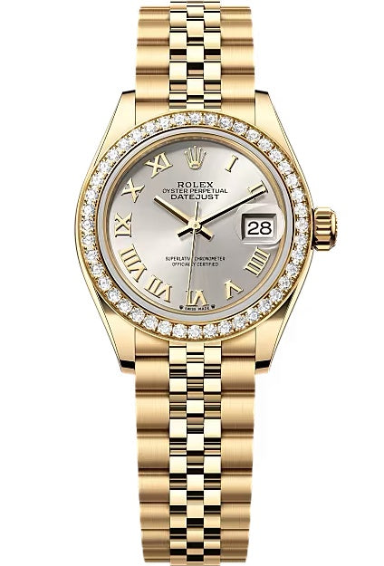 Rolex Lady-Datejust 28mm Yellow Gold Silver Roman Dial Diamond Bezel Jubilee