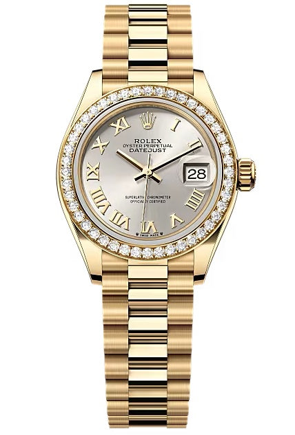 Rolex Lady-Datejust 28mm Yellow Gold Silver Roman Dial Diamond Bezel President