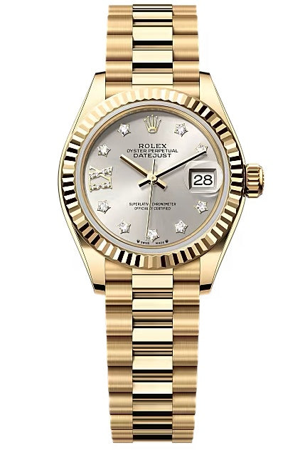 Rolex Lady-Datejust 28mm Yellow Gold Silver Star Diamond Dial Fluted Bezel
