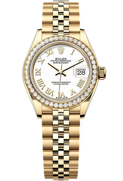 Rolex Lady-Datejust 28mm Yellow Gold White Roman Dial Diamond Bezel Jubilee