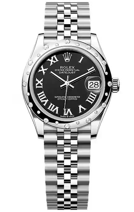 Rolex Lady-Datejust 31mm Black Roman Dial Diamond-Set Smooth Domed