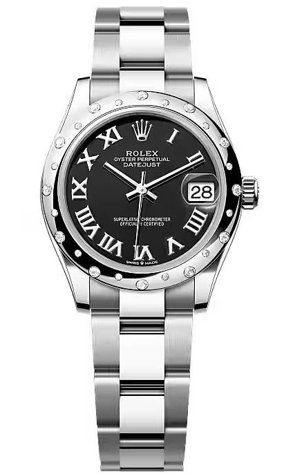 Rolex Lady-Datejust 31mm Black Roman Dial Diamond-Set Smooth Domed