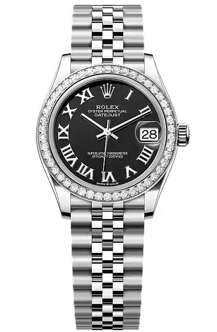 Rolex Lady-Datejust 31mm Black Roman Dial Diamond Bezel