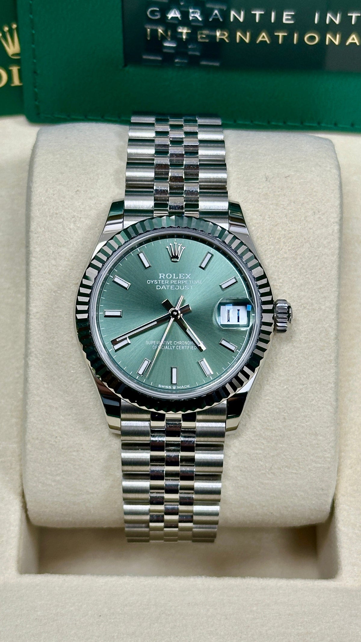 Rolex Lady-Datejust 31mm Green Index Dial Fluted Bezel Jubilee Bracelet 278274