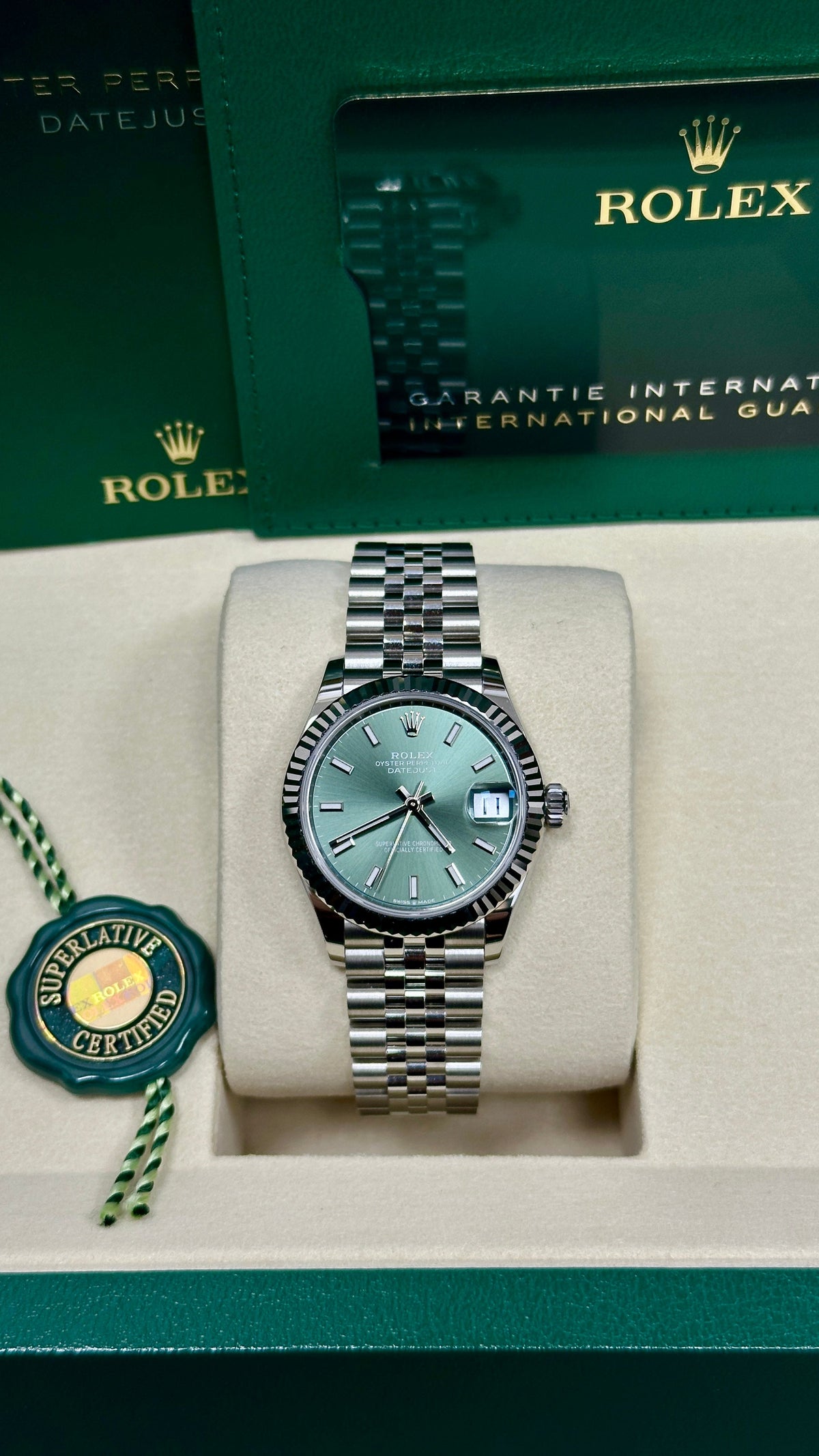 Rolex Lady-Datejust 31mm Green Index Dial Fluted Bezel Jubilee Bracelet 278274