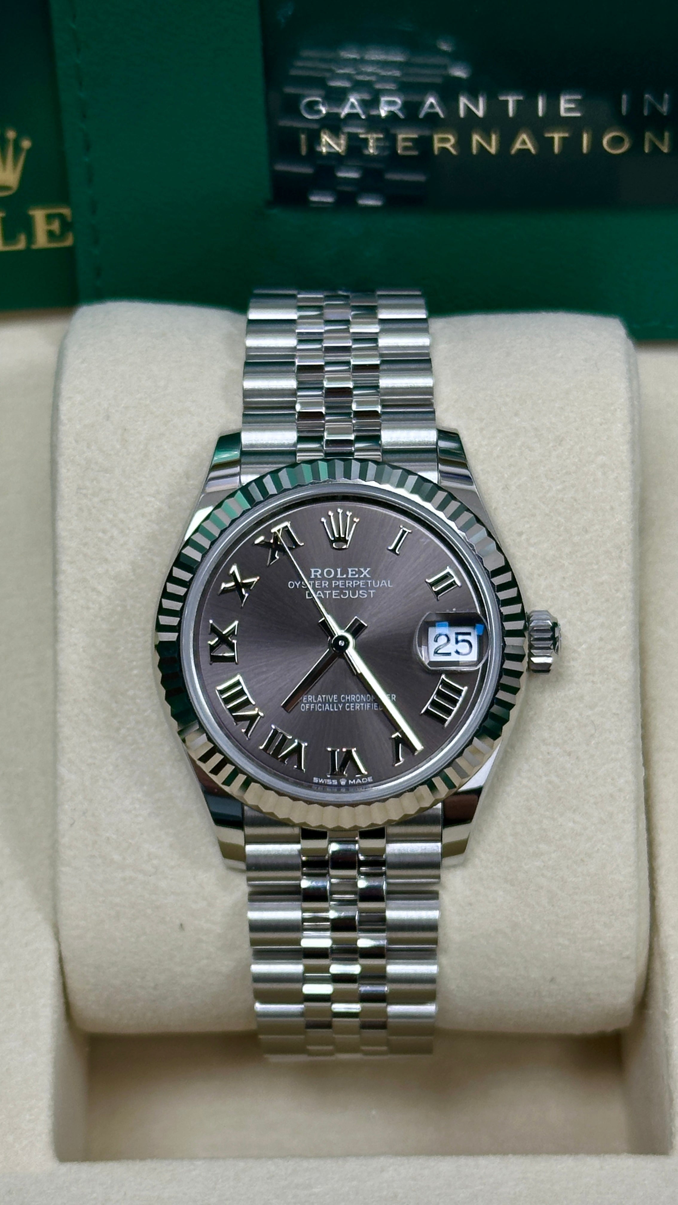 Rolex Lady-Datejust 31mm Grey Roman Dial Fluted Bezel Jubilee Bracelet 278274
