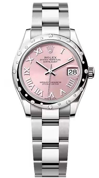 Rolex Lady-Datejust 31mm Pink Roman Dial Diamond-Set Smooth Domed