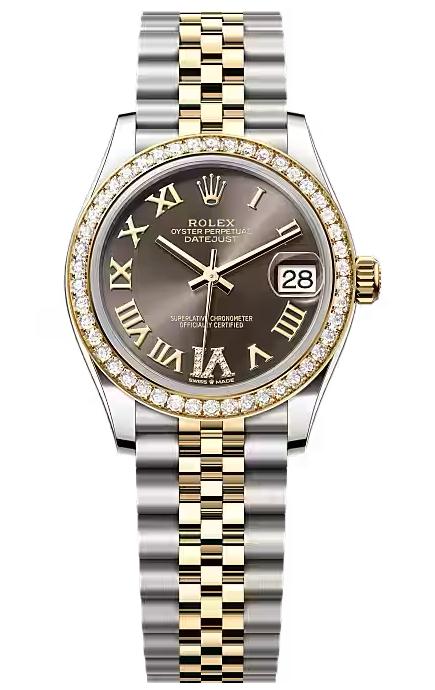 Rolex Lady-Datejust 31mm Two-Tone Yellow Gold Dark Grey Roman Dial Diamond Bezel