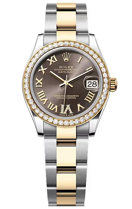 Rolex Lady-Datejust 31mm Two-Tone Yellow Gold Dark Grey Roman Dial Diamond Bezel