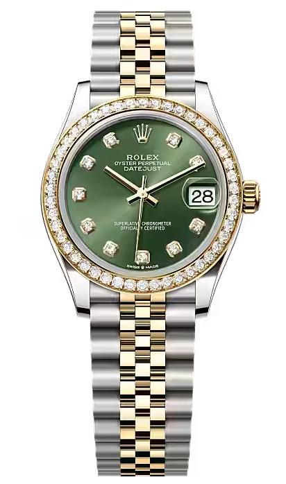 Rolex Lady-Datejust 31mm Two-Tone Yellow Gold Green Dial Diamond Bezel