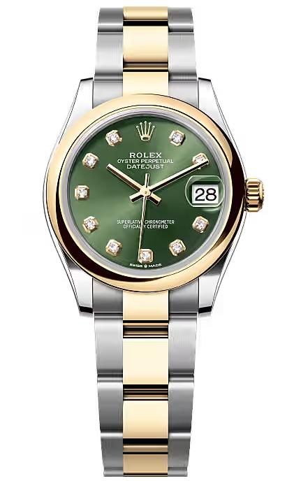 Rolex Lady-Datejust 31mm Two-Tone Yellow Gold Green Diamond Dial Smooth Bezel