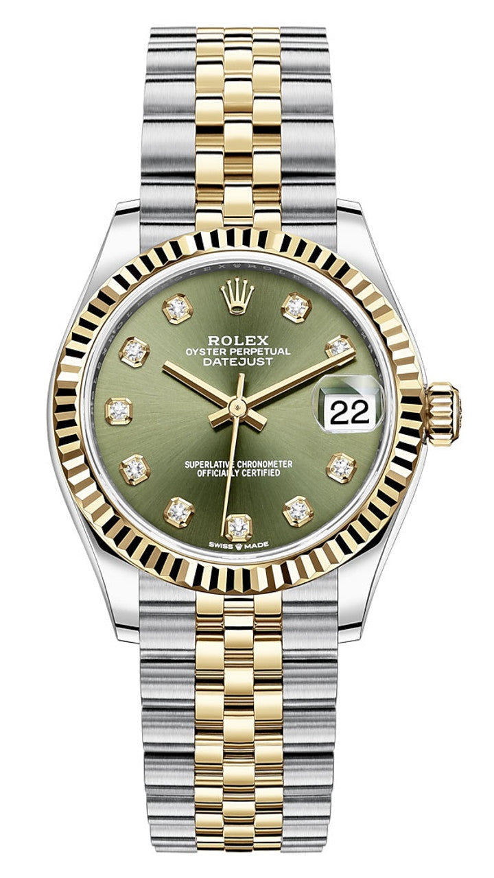 Rolex Lady-Datejust 31mm Two-Tone Yellow Gold Green Diamond Dial Fluted Bezel
