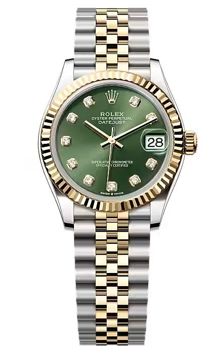 Rolex Lady-Datejust 31mm Two-Tone Yellow Gold Green Diamond Dial Fluted Bezel