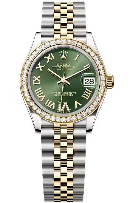 Rolex Lady-Datejust 31mm Two-Tone Yellow Gold Green Roman Dial Diamond Bezel