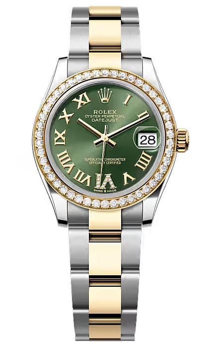 Rolex Lady-Datejust 31mm Two-Tone Yellow Gold Green Roman Dial Diamond Bezel