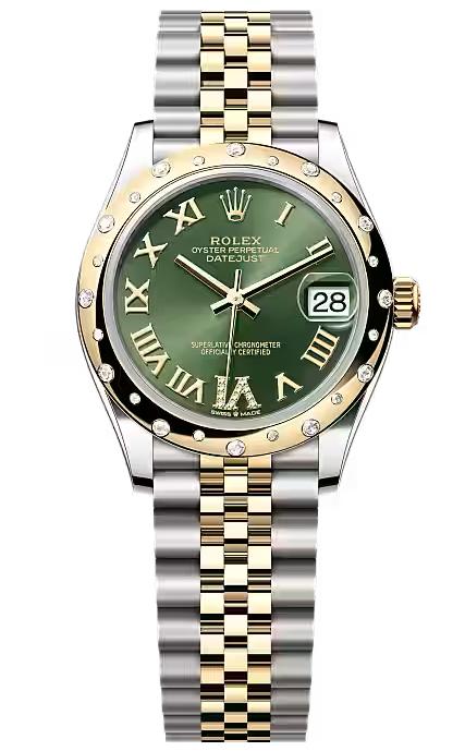 Rolex Lady-Datejust 31mm Two-Tone Yellow Gold Green Roman Dial Diamond Bezel