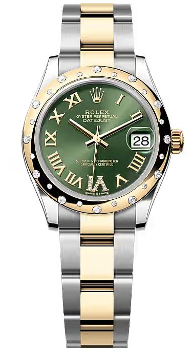 Rolex Lady-Datejust 31mm Two-Tone Yellow Gold Green Roman Dial Diamond Bezel