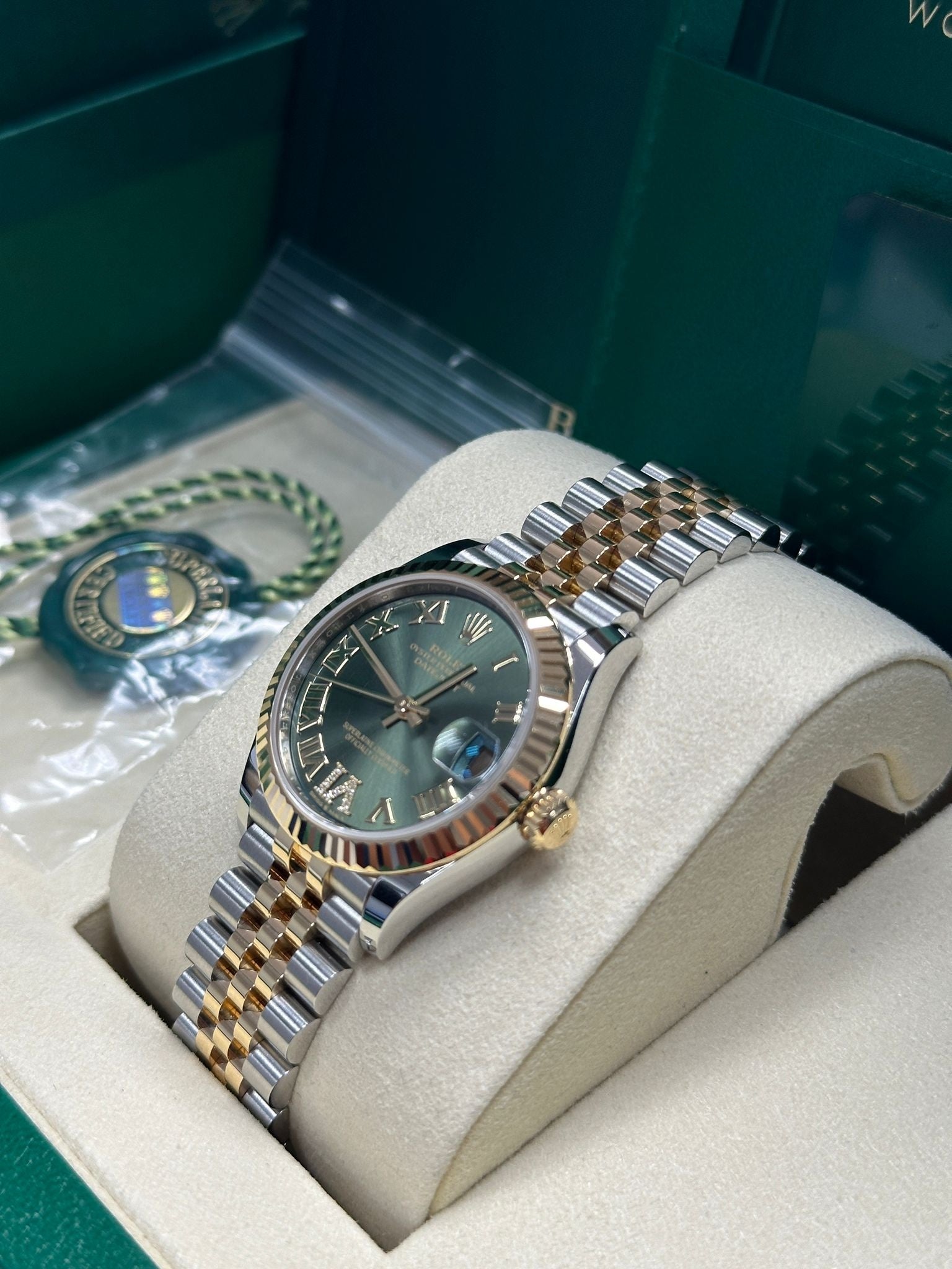 Rolex Lady-Datejust 31mm Two-Tone Yellow Gold Green Roman Diamond Dial Fluted