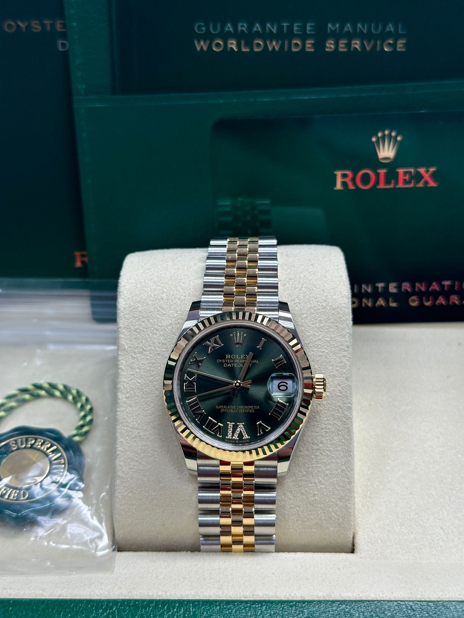 Rolex Lady-Datejust 31mm Two-Tone Yellow Gold Green Roman Diamond Dial Fluted
