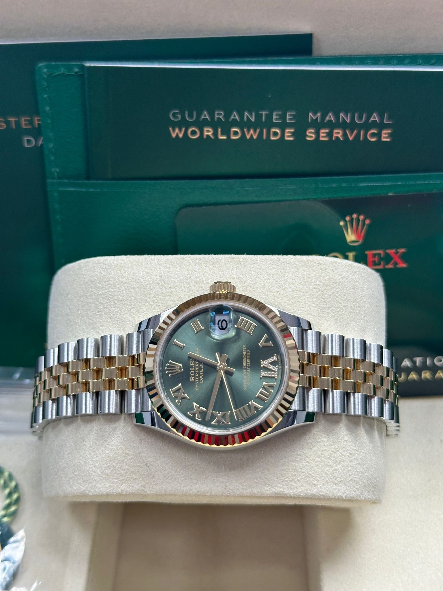 Rolex Lady-Datejust 31mm Two-Tone Yellow Gold Green Roman Diamond Dial Fluted