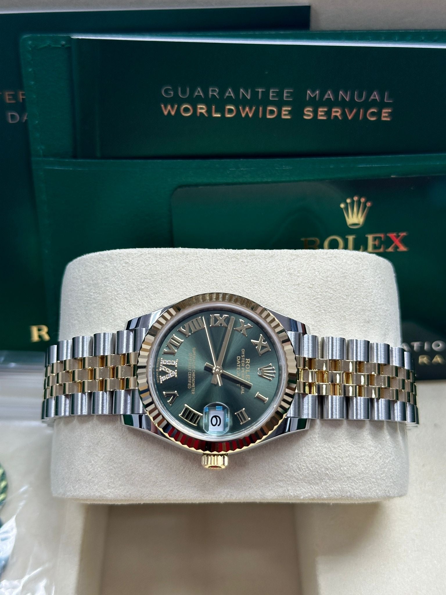Rolex Lady-Datejust 31mm Two-Tone Yellow Gold Green Roman Diamond Dial Fluted