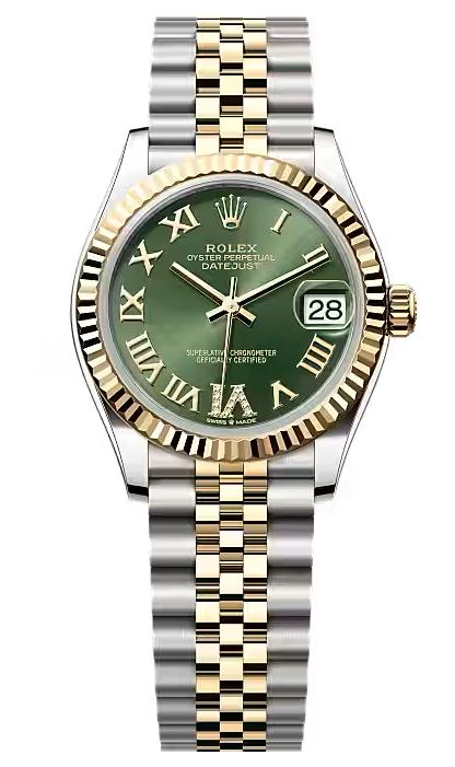 Rolex Lady-Datejust 31mm Two-Tone Yellow Gold Green Roman Diamond Dial Fluted