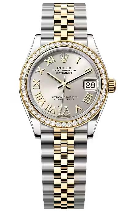 Rolex Lady-Datejust 31mm Two-Tone Yellow Gold Silver Roman Dial Diamond Bezel