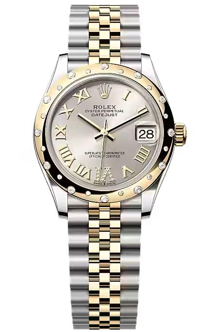 Rolex Lady-Datejust 31mm Two-Tone Yellow Gold Silver Roman Dial Diamond Bezel