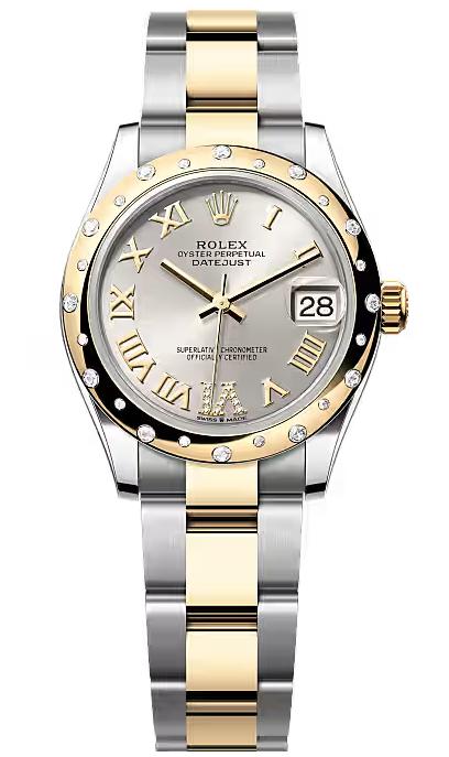 Rolex Lady-Datejust 31mm Two-Tone Yellow Gold Silver Roman Dial Diamond Bezel