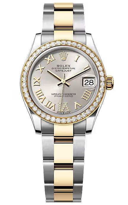 Rolex Lady-Datejust 31mm Two-Tone Yellow Gold Silver Roman Dial Diamond Bezel