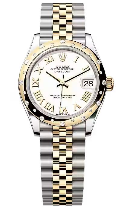 Rolex Lady-Datejust 31mm Two-Tone Yellow Gold White Roman Dial Diamond Bezel