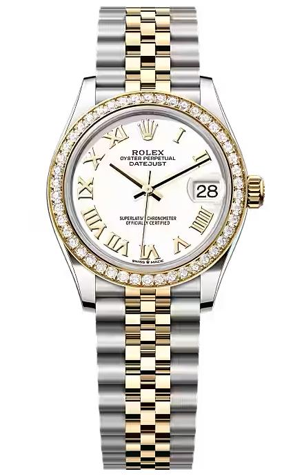 Rolex Lady-Datejust 31mm Two-Tone Yellow Gold White Roman Dial Diamond Bezel