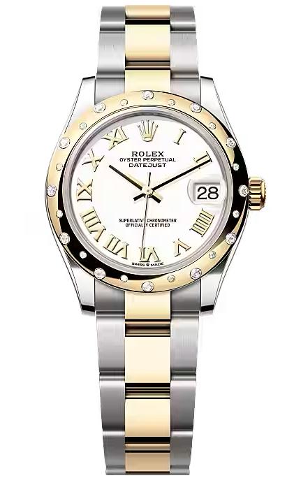 Rolex Lady-Datejust 31mm Two-Tone Yellow Gold White Roman Dial Diamond Bezel