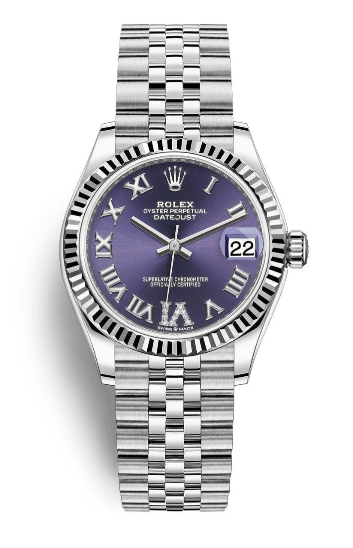 Rolex Lady-Datejust 31mm Violet (Purple) Roman Diamond Dial Fluted Bezel
