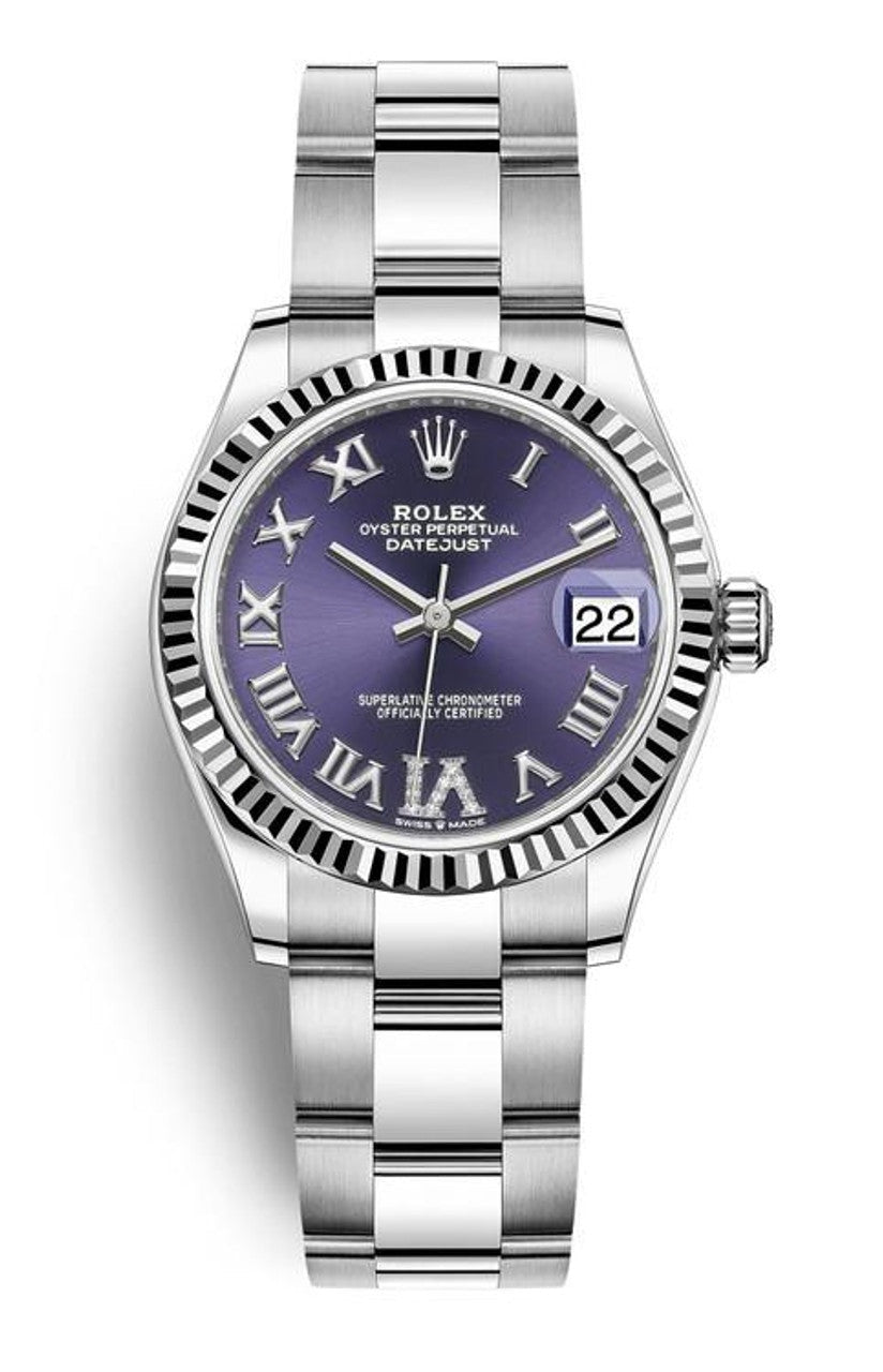 Rolex Lady-Datejust 31mm Violet (Purple) Roman Diamond Dial Fluted Bezel Oyster