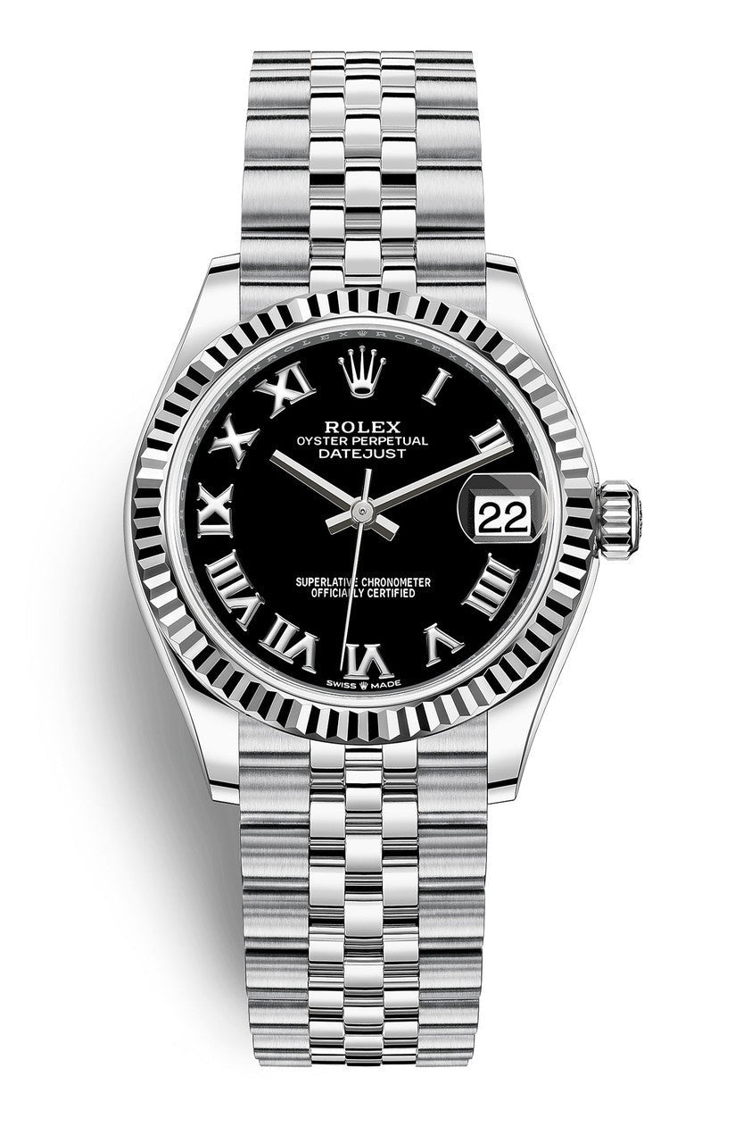Rolex Lady Datejust 31mm Black Roman Dial Fluted Bezel Jubilee Bracelet 278274