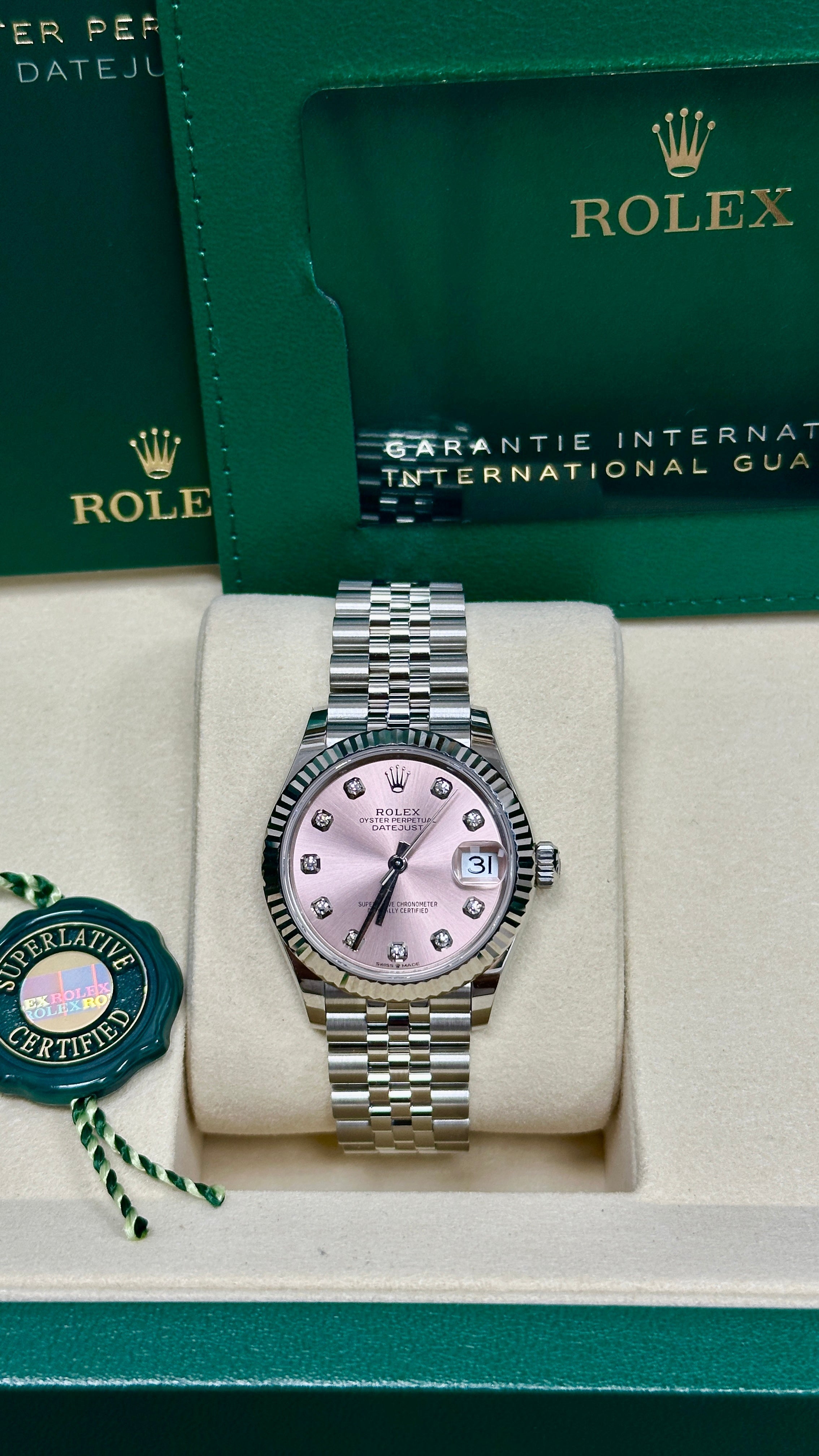 Rolex Lady Datejust 31mm Pink Diamond Dial Fluted Bezel Jubilee Bracelet 278274