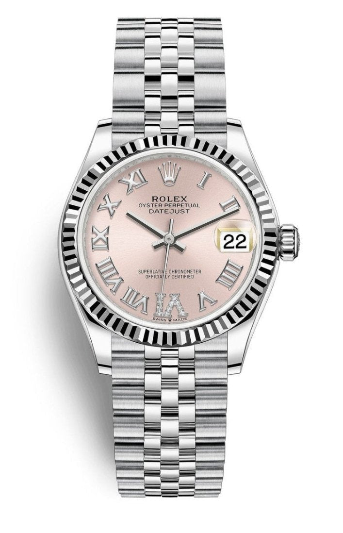 Rolex Lady Datejust 31mm Pink Roman Diamond Dial Fluted Bezel Jubilee Bracelet