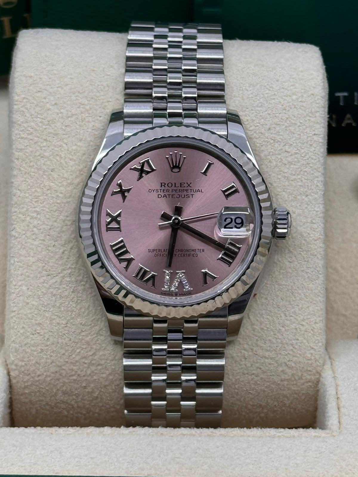 Rolex Lady Datejust 31mm Pink Roman Diamond Dial Fluted Bezel Jubilee Bracelet