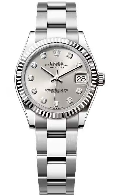 Rolex Lady Datejust 31mm Silver Diamond Dial Fluted Bezel Oyster Bracelet 278274